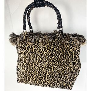 Lula Belle Hand bag Purse Leopard Pattern bamboo handles brown black 13"L 11"T